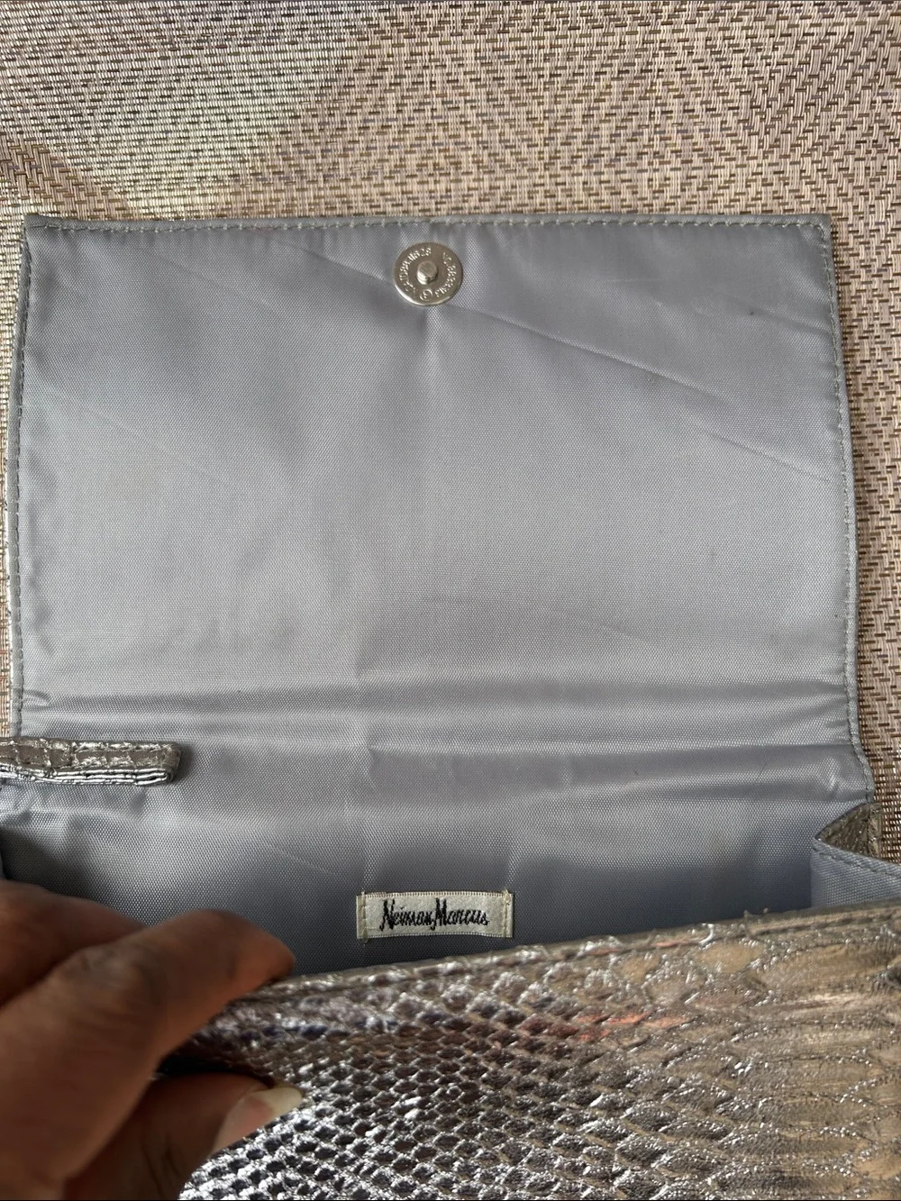NIEMAN MARCUS Metallic faux snakeskin  Wristlet Clutch - Silver